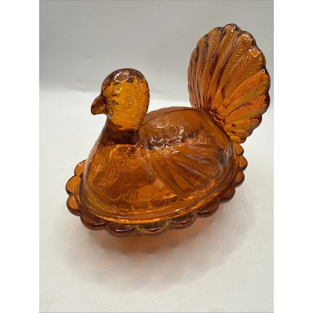Vtg Indiana ND‎ Amber Orange Glass Small Turkey On A Nest Candy Dish 4.5